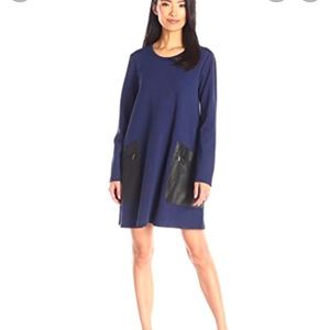 BCBG navy jersey dress w/ faux leather pockets